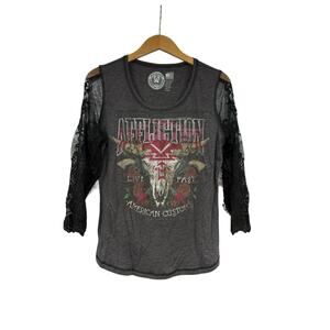Affliction American Customs Rhinestone Embellished Lace Sleeve T Shirt Womens XL